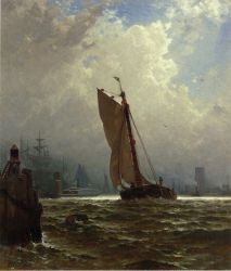 New York Harbor with the Brooklyn Bridge Under Construction - Alfred Thompson Bricher Oil Painting