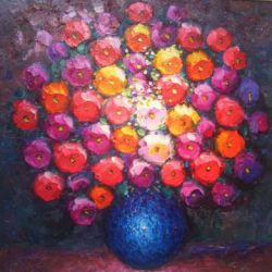 A Bunch of Flowers in a Blue Vase - Oil Painting Reproduction On Canvas