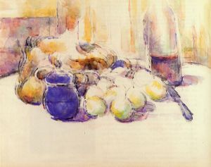 Blue Pot and Bottle of Wine -   Paul Cezanne Oil Painting
