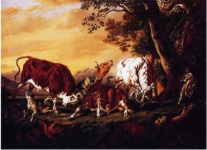 Wolves Attacking Cattle -   William Aiken Walker Oil Painting