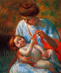 Baby Lying on His Mother\'s Lap, Reaching to Hold a Scarf -  Mary Cassatt Oil Painting