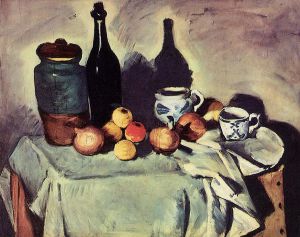 Still Life-Post, Bottle, Cup and Fruit - Paul Cezanne Oil Painting