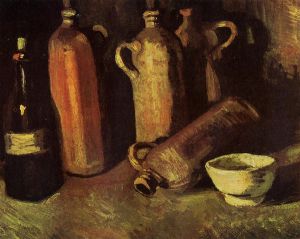 Still Life with Four Stone Bottles, Flask and White Cup - Vincent Van Gogh Oil Painting