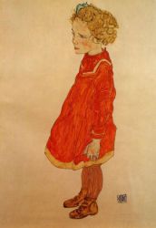 Little Girl with Blond Hair in a Red Dress - Egon Schiele Oil Painting