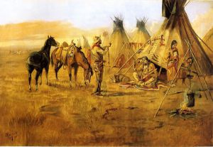Cowboy Bargaining for an Indian Girl - Charles Marion Russell Oil Painting