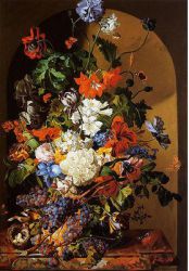 Still Life with Flowers and Grapes -   Leopold Zinnogger Oil Painting