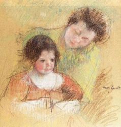 Reine Leaning over Margot\'s Shoulder -   Mary Cassatt oil painting,