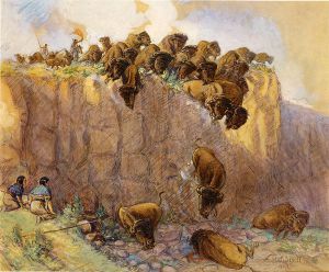 Driving Buffalo Over the Cliff -   Charles Marion Russell Oil Painting