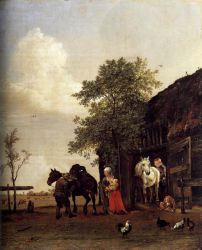 Figures with Horses by a Stable - Paulus Potter Oil Painting