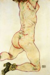 Kneeling Female Nude, Back View -   Egon Schiele Oil Painting