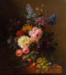 Peonies, Roses, Irises, Lilies, Lilac and Other Flowers in a Vase on a Ledge Laden with Fruit - Arnoldus Bloemers Oil Painting
