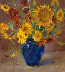 A bunch of chrysanthemum in a blue vase - Oil Painting Reproduction On Canvas