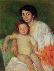 Nude Baby on Mother\'s Lap Resting Her Arm on the Back of the Chair - Mary Cassatt oil painting,