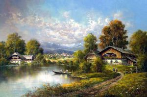 Cottages By the Lake - Oil Painting Reproduction On Canvas