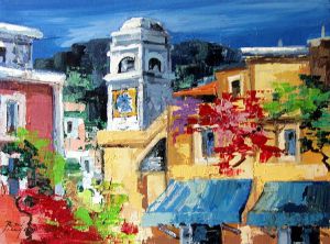 Mediterranean Scenery A Bell Tower and A Group of Buildings - Oil Painting Reproduction On Canvas