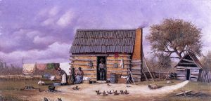 Log Cabin with Stretched Hide on Wall -   William Aiken Walker  Oil Painting