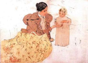 Picking Daisies in a Field -  Mary Cassatt Oil Painting