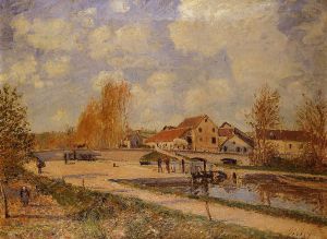 The Bourgogne Lock at Moret, Spring -  Alfred Sisley Oil Painting