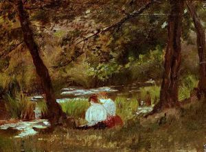 Two Women Seated by a Woodland Stream - Mary Cassatt Oil Painting