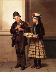 The Flower Girl -   John George Brown Oil Painting