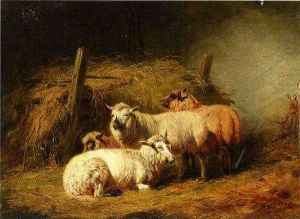 Sheep in Shed -   Arthur Fitzwilliam Tait Oil Painting