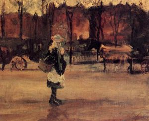 Girl in the Street, Two Coaches in the Background - Vincent Van Gogh oil painting