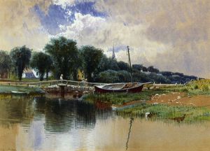 Landscape with Children on a Bridge - Alfred Thompson Bricher Oil Painting