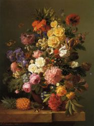 Still Life with Flowers and a Pineapple - Eugene-Adolphe Chevalier Oil Painting,