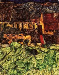 Meadow, Church and Houses -  Egon Schiele Oil Painting