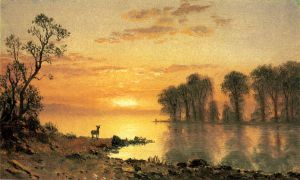 Sunset, Deer, and River -   Albert Bierstadt Oil Painting