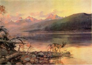 Deer at Lake McDonald -   Charles Marion Russell Oil Painting