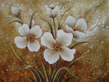 Five white flowers with grass leaves - Gold background - Oil Painting Reproduction On Canvas