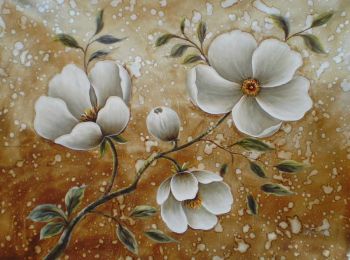 Four white flowers on a branch with leaves - Gold background - Oil Painting Reproduction On Canvas