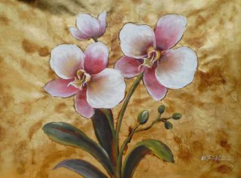 Three pink white flowers with leaves - Gold background - Oil Painting Reproduction On Canvas
