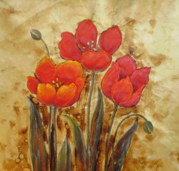Three red flowers with leaves - Gold background - Oil Painting Reproduction On Canvas