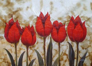 Four red flowers with leaves - Gold background - Oil Painting Reproduction On Canvas