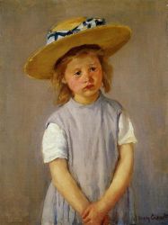 Little Girl in a Big Straw Hat and a Pinnafore - vas Mary Cassatt Oil Painting