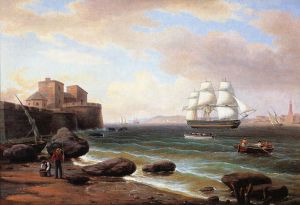 American Merchant Ship Entering Marseilles -   Thomas Birch Oil Painting