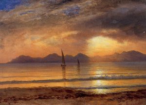 Sunset over a Mountain Lake -   Albert Bierstadt Oil Painting