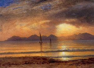 Sunset over a Mountain Lake - Albert Bierstadt Oil Painting