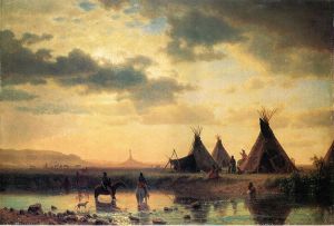 View of Chimney Rock, Ogalillalh Sioux Village in Foreground -  Albert Bierstadt Oil Painting