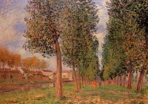 The Poplar Avenue at Moret, Cloudy Day, Morning -  Alfred Sisley Oil Painting