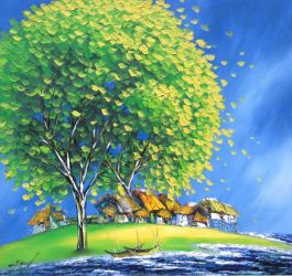 Modern Abstract-Small Village by the Sea - Oil Painting Reproduction On Canvas