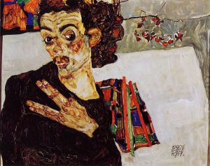 Self Portrait with Black Vase and Spread Fingers -  Egon Schiele Oil Painting