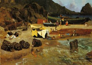 Fishing Boats at Capri -   Albert Bierstadt Oil Painting