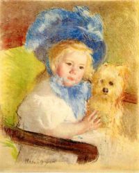 Simone in a Large Plumed Hat, Seated, Holding a Griffon Dog - Mary Cassatt Oil Painting
