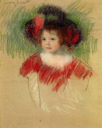 Margot in Big Bonnet and Red Dress II - Mary Cassatt Oil Painting