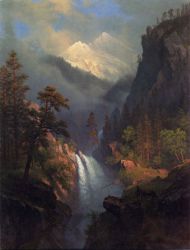 Cascading Falls at Sunset - Albert Bierstadt Oil Painting