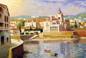 Mediterranean Scenery A Group of Buildings by the River - Oil Painting Reproduction On Canvas