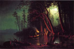 Lake Tahoe, Spearing Fish by Torchlight -  Albert Bierstadt Oil Painting